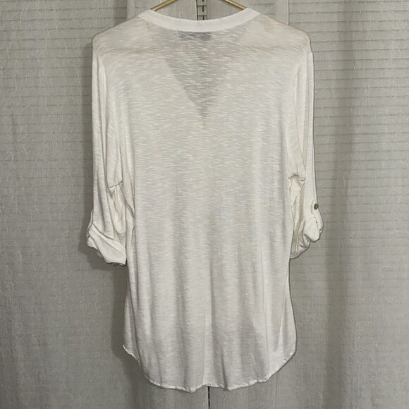 Democracy M Ivory Embroidered Crochet Lace Button Front Tab Sleeve High Low Top - Picture 8 of 10